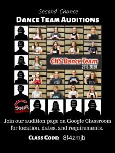 Faces of current dance team members with open spots for new faces.